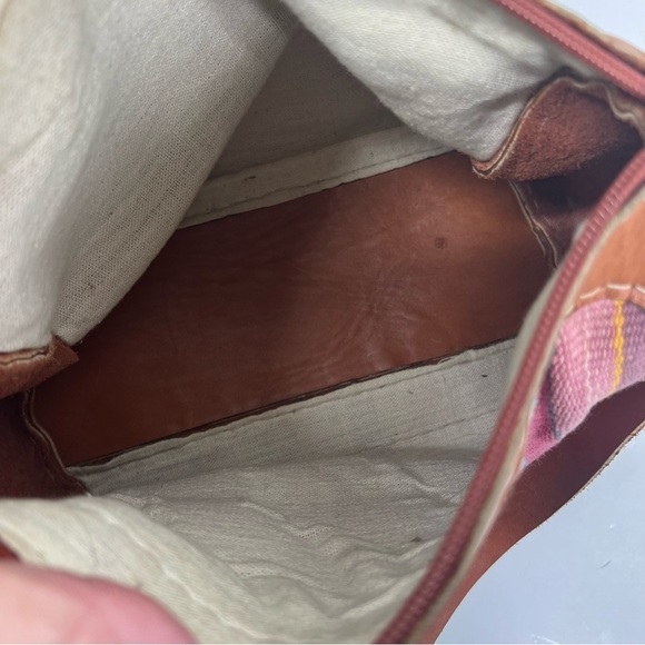 MALINCHE Crossbody Purse Tan Leather with Colorful Pastel Cloth Panel - Picture 11 of 13